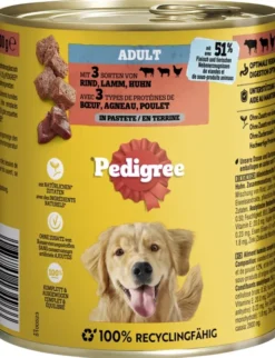 Pedigree Adult in Pastete mit 3 Sorten: Rind, Lamm und Huhn 800g