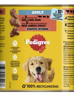 Pedigree Adult in Pastete mit 3 Sorten: Rind, Lamm und Huhn 800g
