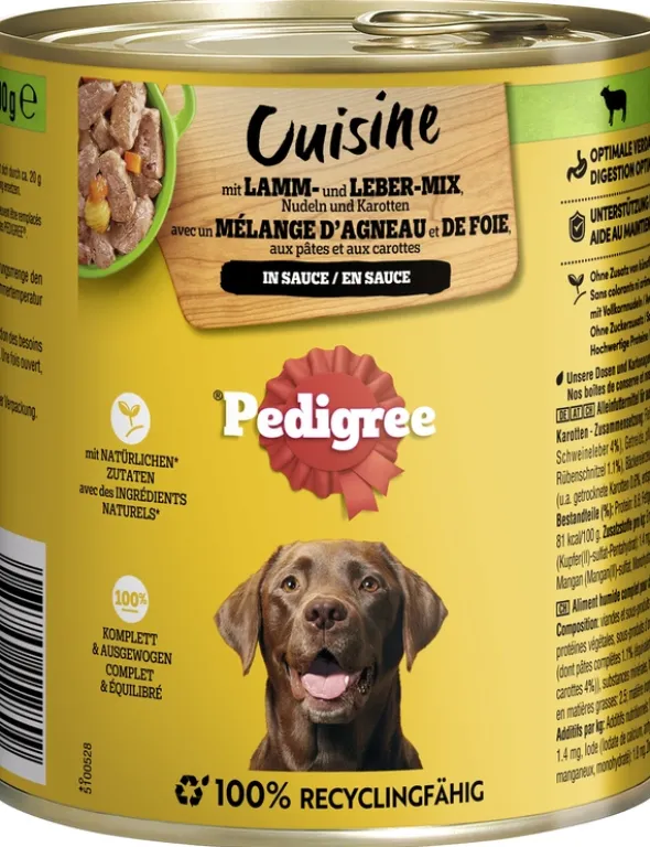 Pedigree Cuisine in Sauce mit Lamm- und Lebermischung, Nudeln und Karotten 800g