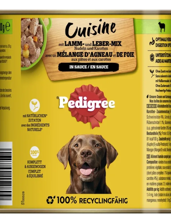 Pedigree Cuisine in Sauce mit Lamm- und Lebermischung, Nudeln und Karotten 800g