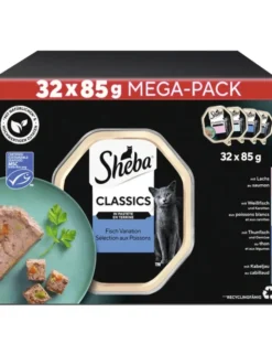 Sheba CLASSICS in Pastete Fisch Variation mit Lachs, mit Weissfisch und Karotten, mit Thunfisch und Gemüse, mit Kabeljau 2,7kg