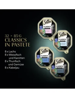 Sheba CLASSICS in Pastete Fisch Variation mit Lachs, mit Weissfisch und Karotten, mit Thunfisch und Gemüse, mit Kabeljau 2,7kg