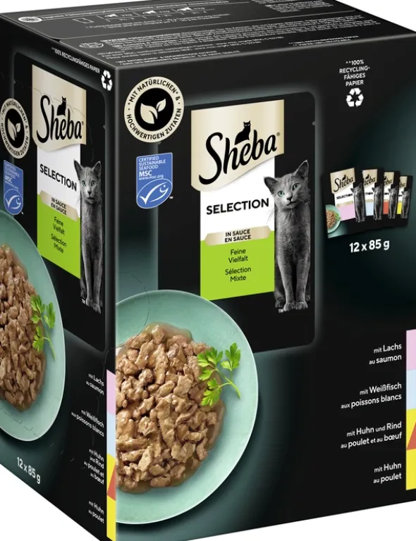 Sheba Selection in Sauce Feine Vielfalt Multipack mit Lachs, mit Weissfisch, mit Huhn und Rind, mit Huhn 1kg