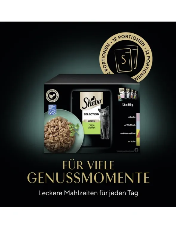 Sheba Selection in Sauce Feine Vielfalt Multipack mit Lachs, mit Weissfisch, mit Huhn und Rind, mit Huhn 1kg