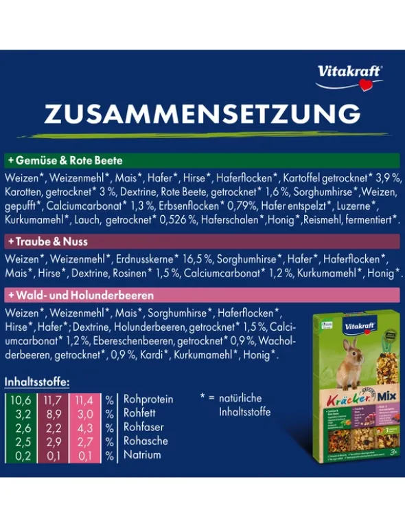 Vitakraft Kräcker 3er für Zwergkaninchen Gemüse, Nuss & Waldbeere 168g
