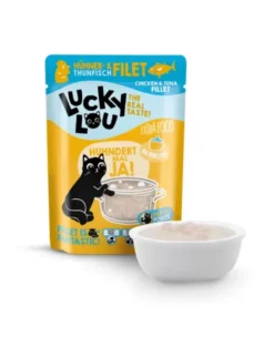 12 x Lucky Lou Extra Food in Broth Hühner- und Thunfischfilet 70g