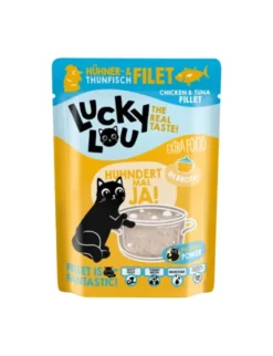 12 x Lucky Lou Extra Food in Broth Hühner- und Thunfischfilet 70g